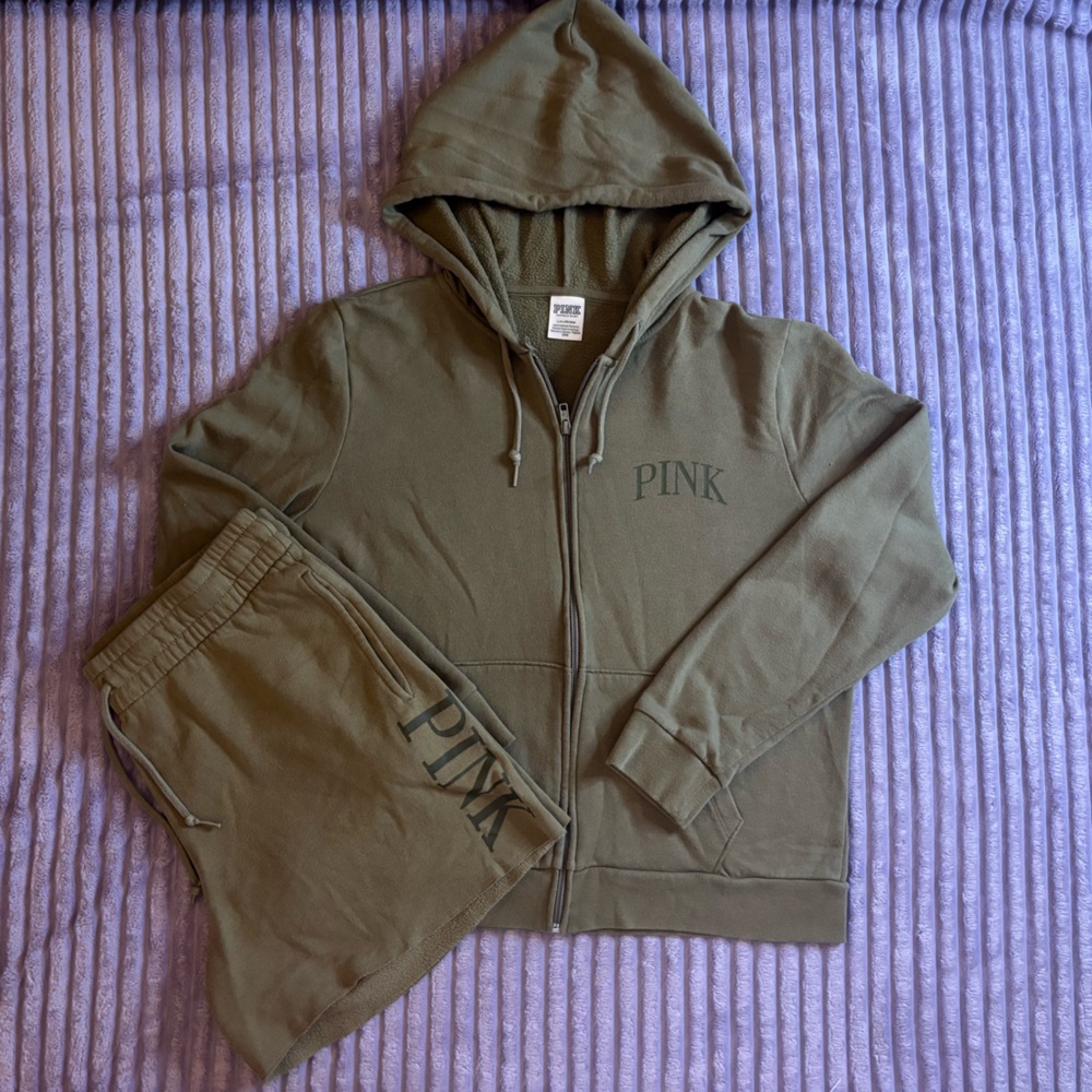 PINK Victoria's Secret Olive Green Women's Top & Bottom Tracksuit